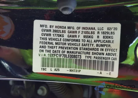 2020 Honda Civic Ex-L z USA, uszkodzony, nr VIN 19XFC1F70LE008073